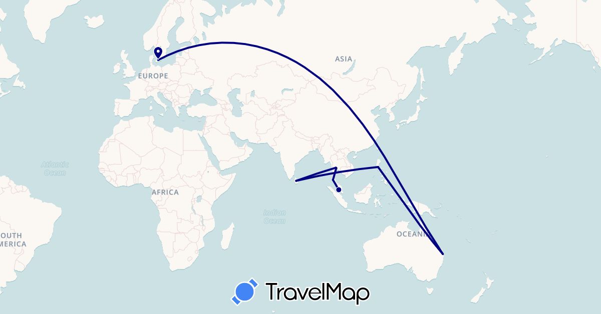 TravelMap itinerary: driving in Australia, Denmark, Sri Lanka, Malaysia, Philippines, Thailand (Asia, Europe, Oceania)